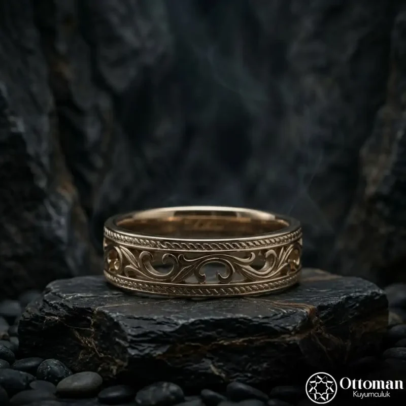 Rumi Motifli Gold Kaplama Gümüş Yüzük
