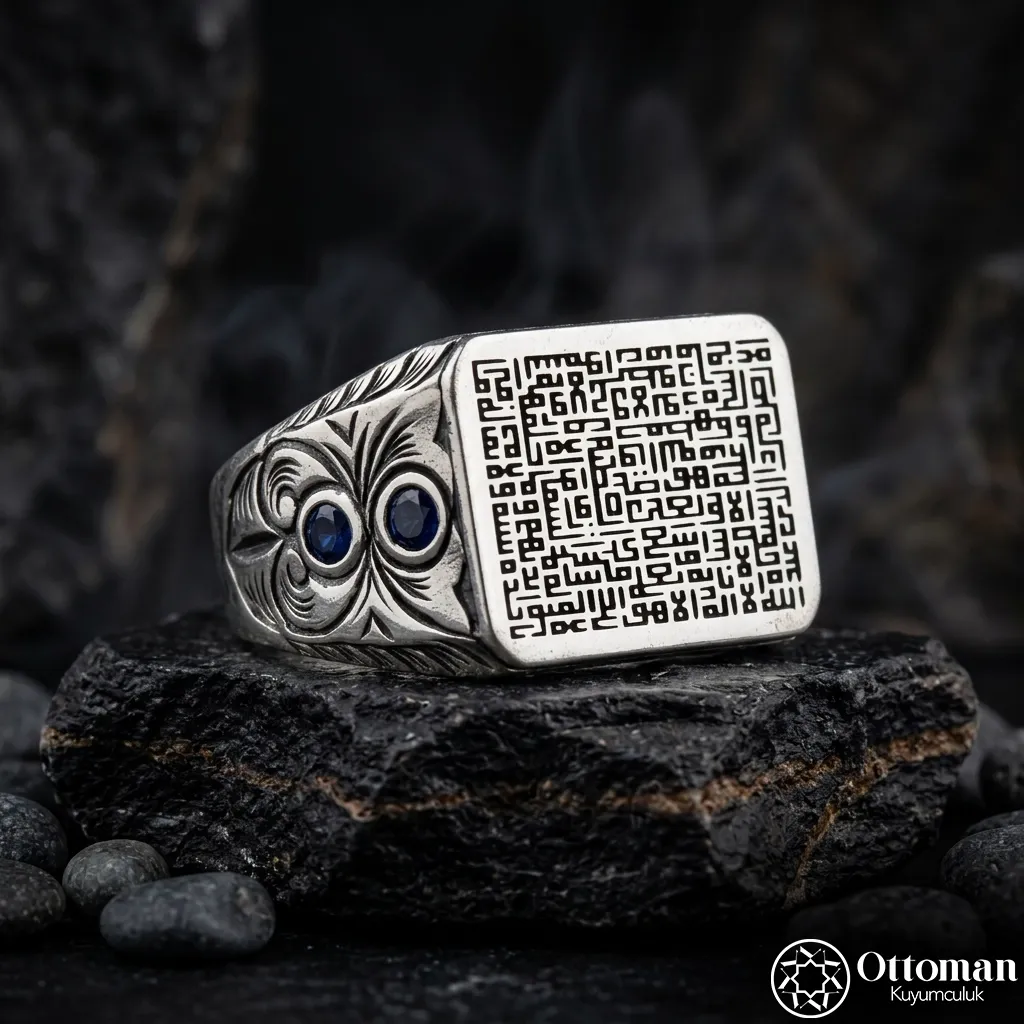 Küfi Calligraphy Engraved Ayet-el Kürsi Engraved Silver Ring