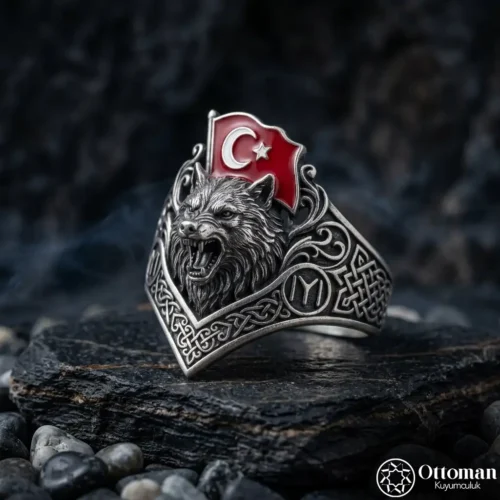 Mineli Türk Bayraklı Bozkurt ve Kayı Gümüş Yüzük