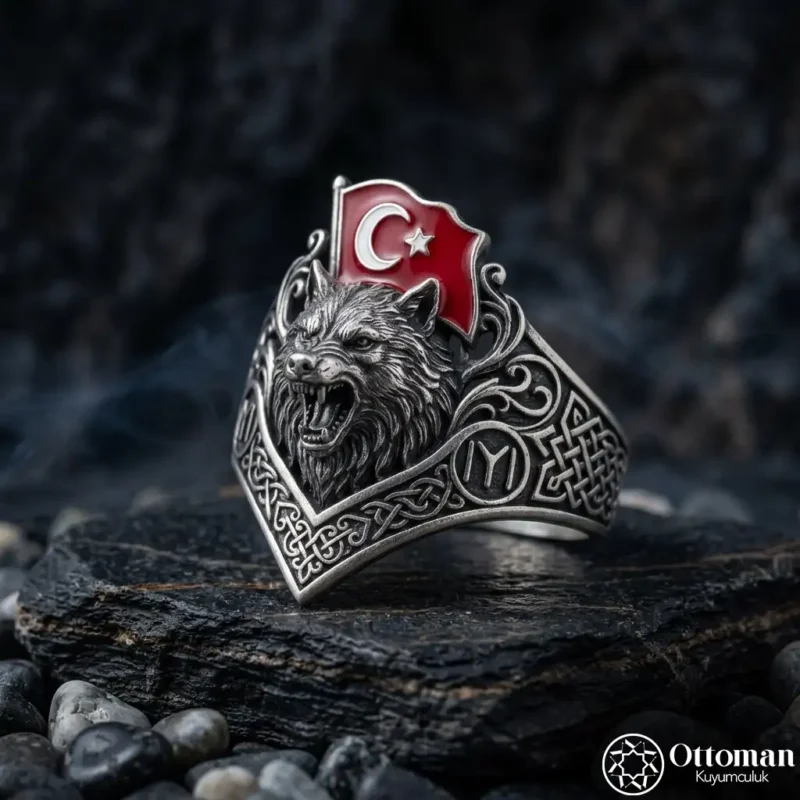 Mineli Türk Bayraklı Bozkurt ve Kayı Gümüş Yüzük