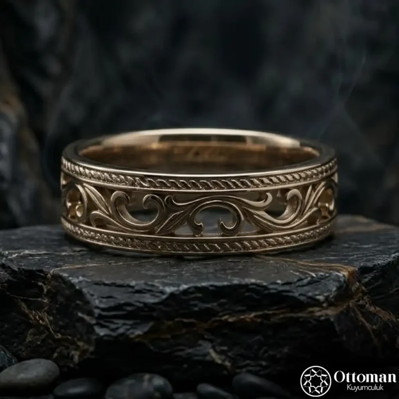 Rumi Motifli Gold Kaplama Gümüş Yüzük