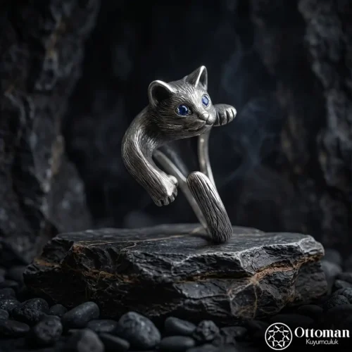 2 Sarılan Kedi Gümüş Kadın Yüzük