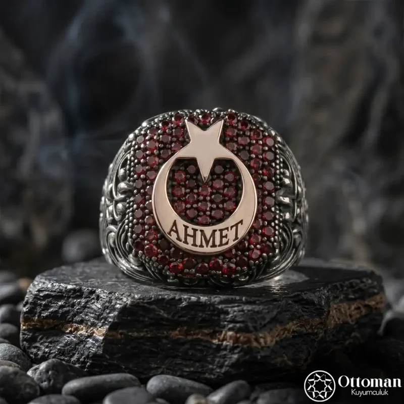 3 İsimli Ay Yıldızlı Gümüş Yüzük