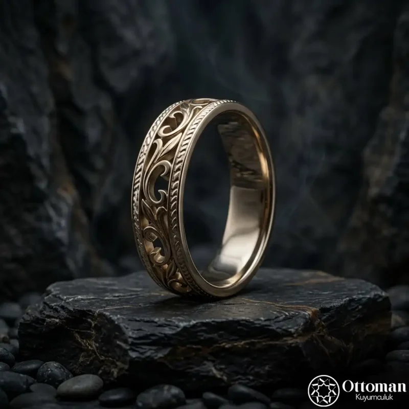 Rumi Motifli Gold Kaplama Gümüş Yüzük