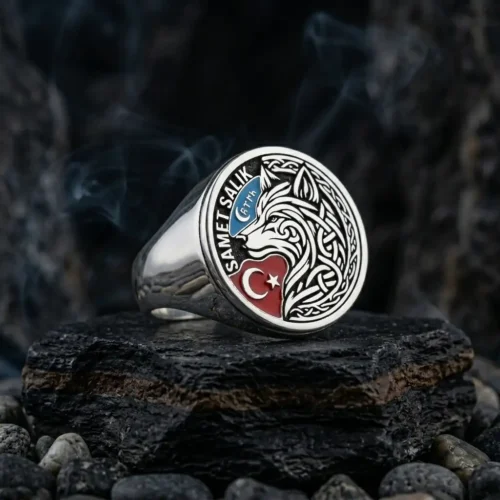 İsimli ve Mineli Kurt Gümüş Yüzük