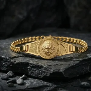 Aslan Figürlü Gold Kaplama Zülfikar Gümüş Bileklik