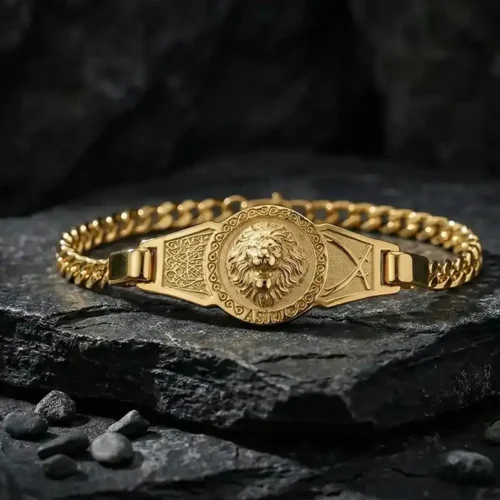 1 Aslan Figürlü Gold Kaplama Zülfikar Gümüş Bileklik
