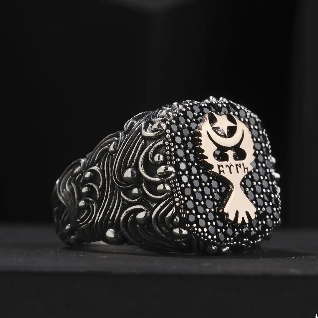 Mikro Stone-set Eagle & Star and Crescent Silver Ring