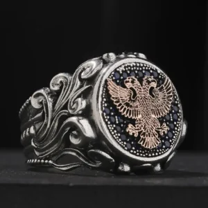 Taşlı Çift Başlı Kartal Gümüş Yüzük