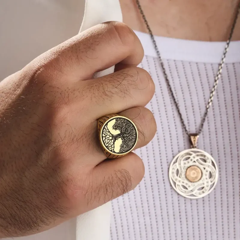 Hayat Ağacı Gold Kaplama Gümüş Yüzük