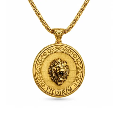 Aslan Figürlü Zülfikarlı Gold Kaplama Gümüş Madalyon