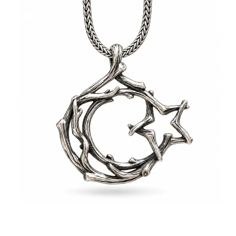 Dallı Metal Wreath Kolye Ay Yıldız Dal Gümüş Kolye