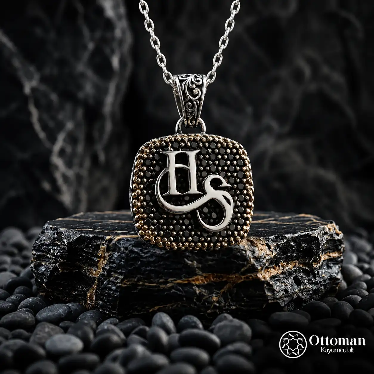 Initial & Stone Engraved Silver Necklace