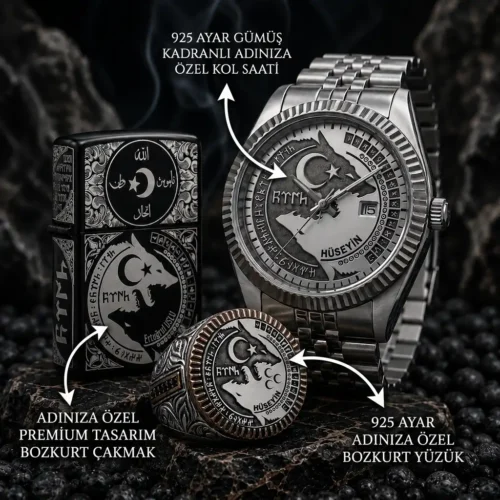 bozkurt set (5) Bozkurt Saat Çakmak ve Gümüş Yüzük Set