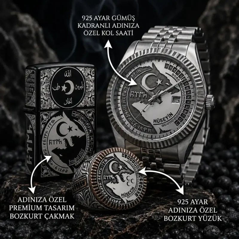 bozkurt set (5) Bozkurt Saat Çakmak ve Gümüş Yüzük Set