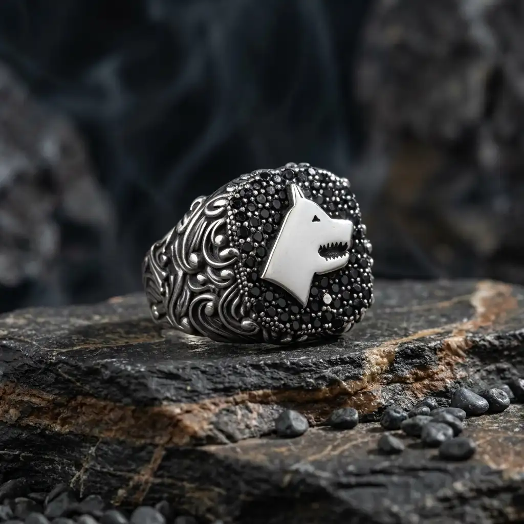 Wolf Motif Stone-set Silver Ring