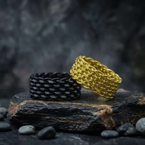Gold ve Siyah Örgü Çift Gümüş Yüzük