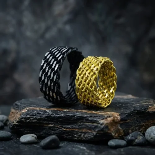 Gold ve Siyah Örgü Çift Gümüş Yüzük