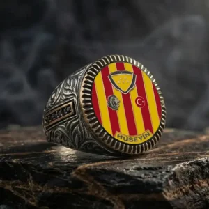 Aslan Motifli İsme Özel Sarı Kırmızı Gümüş Yüzük