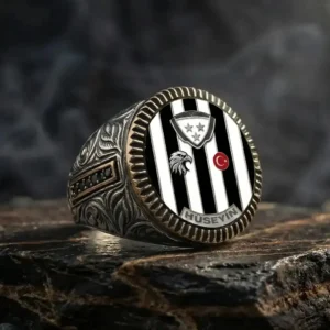 Kartal Motifli İsme Özel Siyah Beyaz Gümüş Yüzük