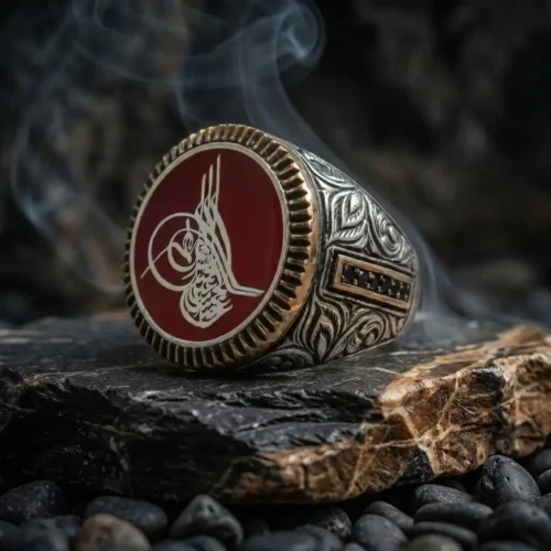 Osmanlı Tuğralı Bordo Mineli Gümüş Yüzük