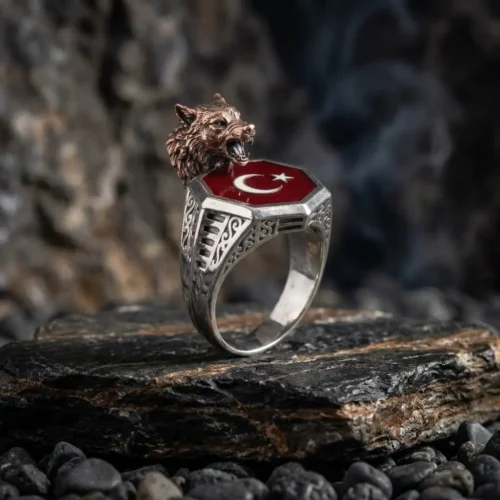 Bozkurt ve Ay Yıldız Motifli Gümüş Erkek Yüzük