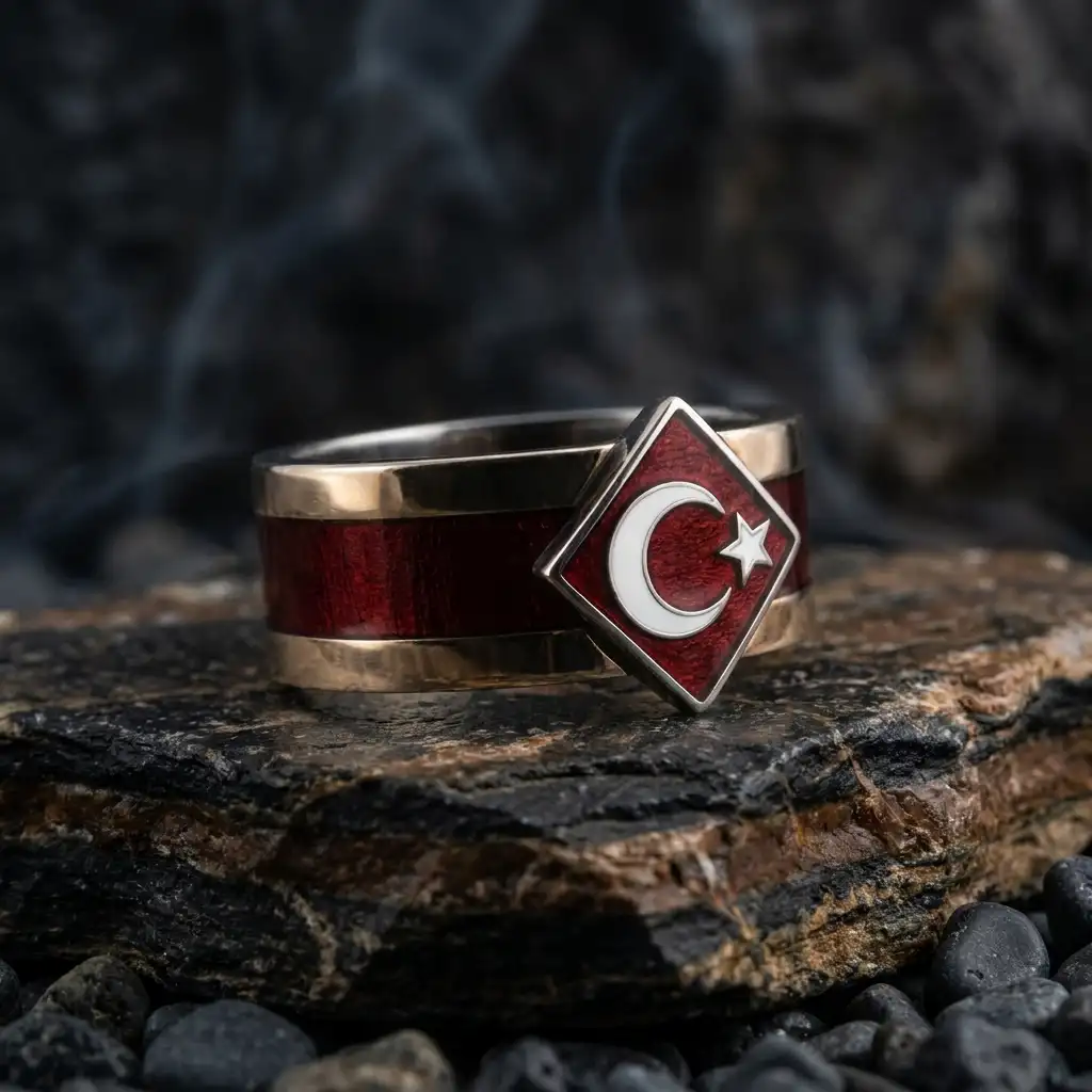 Star and Crescent Motif Red Enamel Silver Ring