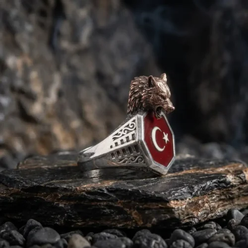 ottomangümüş (3) Bozkurt ve Ay Yıldız Motifli Gümüş Erkek Yüzük