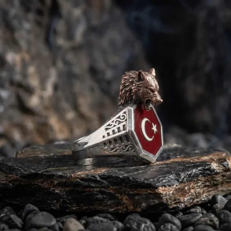 ottomangümüş (3) Bozkurt ve Ay Yıldız Motifli Gümüş Erkek Yüzük