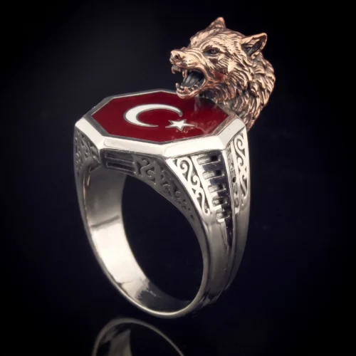 ottomangümüş (4) Bozkurt ve Ay Yıldız Motifli Gümüş Erkek Yüzük