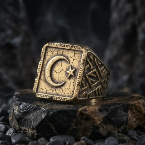 Ay Yıldızlı Gold Kaplama Gümüş Yüzük