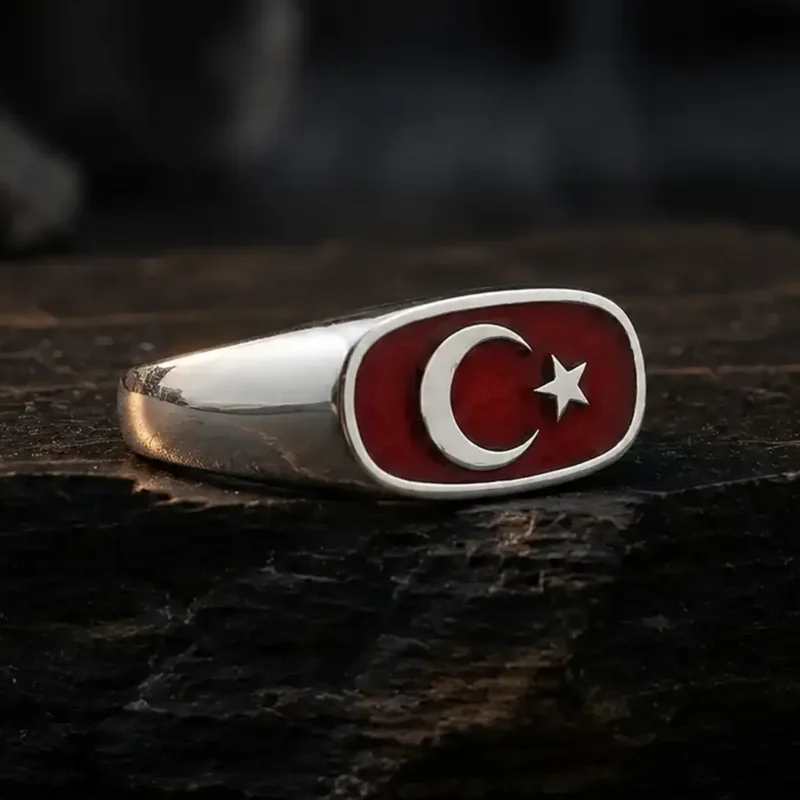 33 Ay Yıldız Kırmızı Mineli Gümüş Yüzük