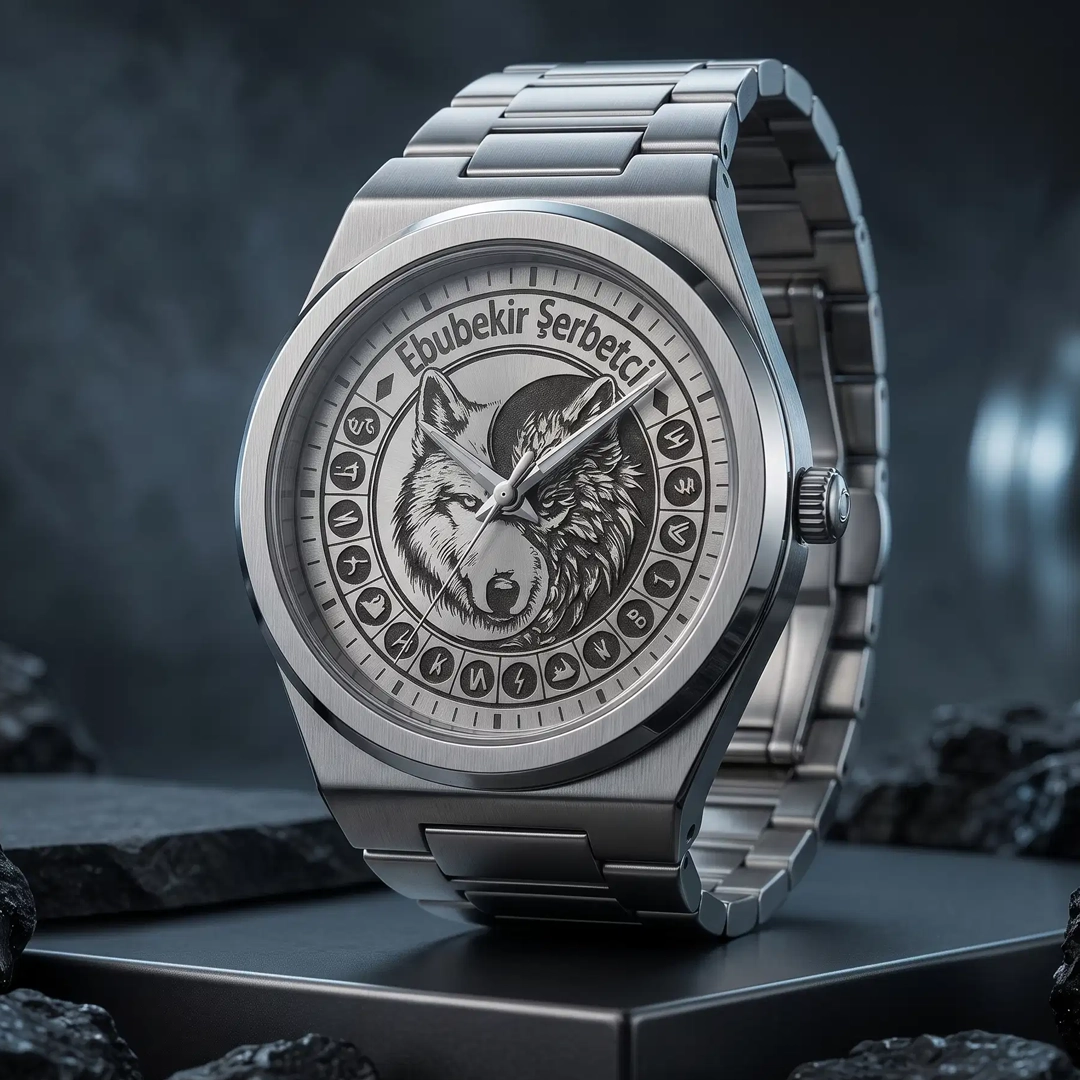 Grey Wolf & Göktürk Damgalı Personalized Steel Wristwatch