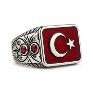 Ay Yıldız Kırmızı Mineli Dikdörtgen Gümüş Yüzük
