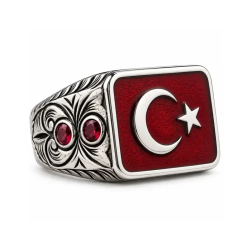 Ay Yıldızlı Kırmızı Taşlı Gümüş Yüzük Ay Yıldız Kırmızı Mineli Dikdörtgen Gümüş Yüzük
