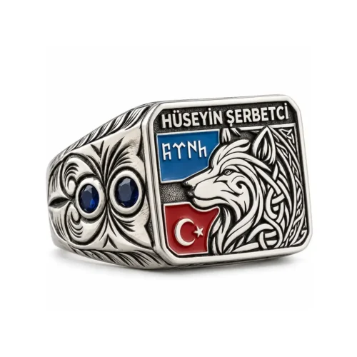 İsimli Göktürkçe Türk Yazılı Ay Yıldızlı ve Bozkurtlu Gümüş Yüzük