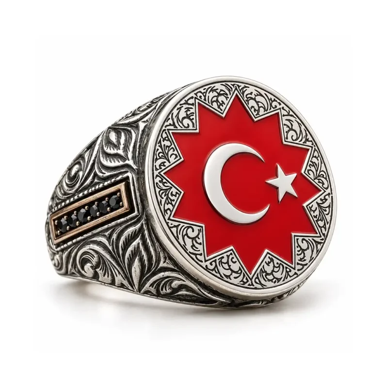Kırmızı Ayyıldızlı İşlemeli Gümüş Yüzük 8 Köşeli Selçuklu Yıldızı ve Ay Yıldız Kırmızı Mineli Gümüş Yüzük