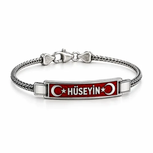 Kırmızı Beyaz Ay Yıldız Gümüş Erkek Bileklik