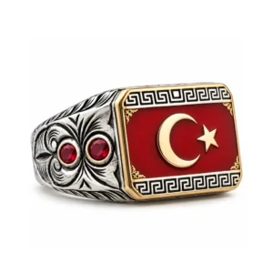 Kırmızı Mineli Ay Yıldızlı Gümüş Erkek Yüzük