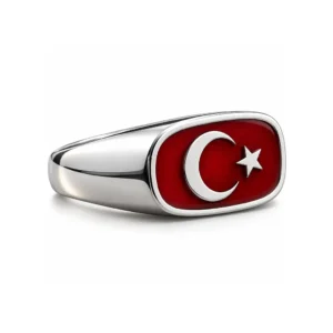 Ay Yıldız Kırmızı Mineli Gümüş Yüzük