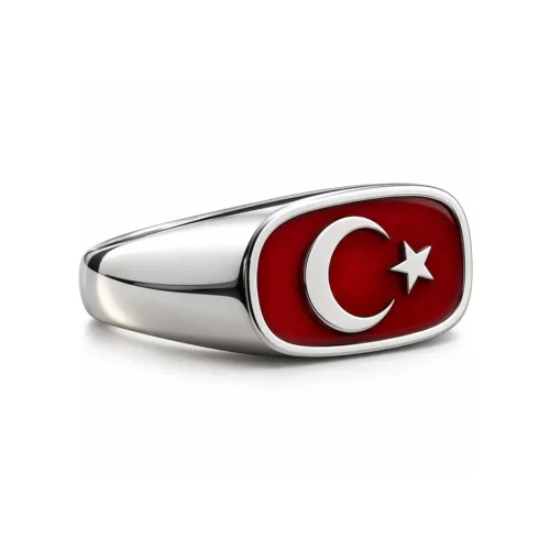 Ay Yıldız Kırmızı Mineli Gümüş Yüzük