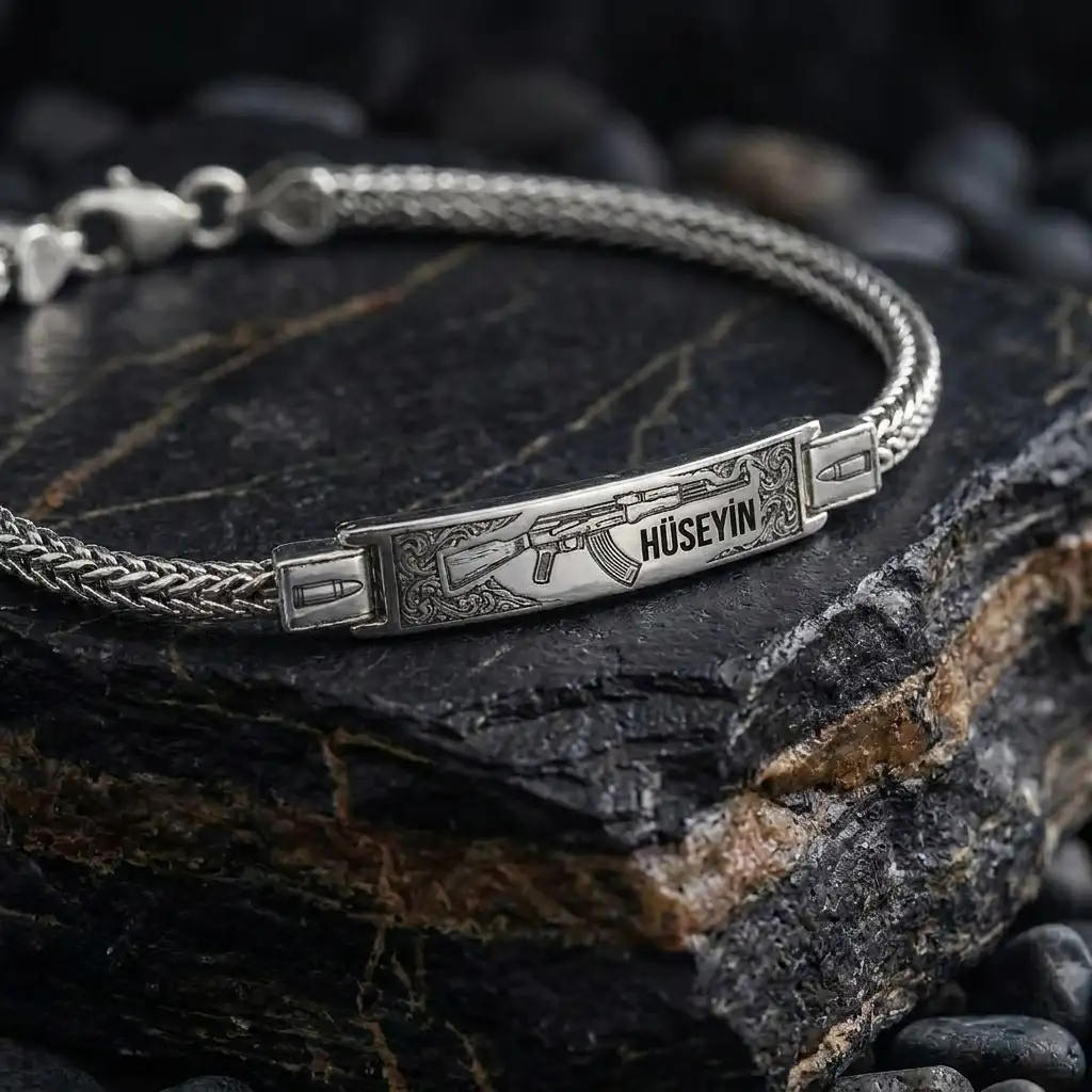 Kalaşnikof Motif Personalized Silver Men's Bracelet