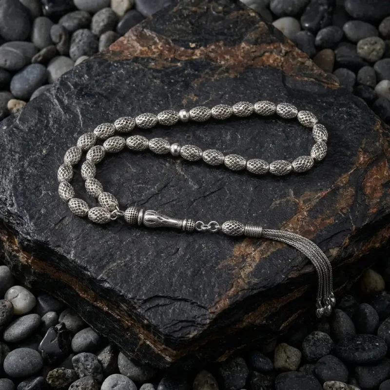 gümüş tesbih (1) Arpa Kesim Gözenek Dokulu 925 Ayar Gümüş Tesbih (25 gr)