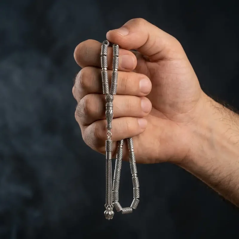 Silindir Kesim Nokta Dokulu 925 Ayar Gümüş Tesbih (25 gr)
