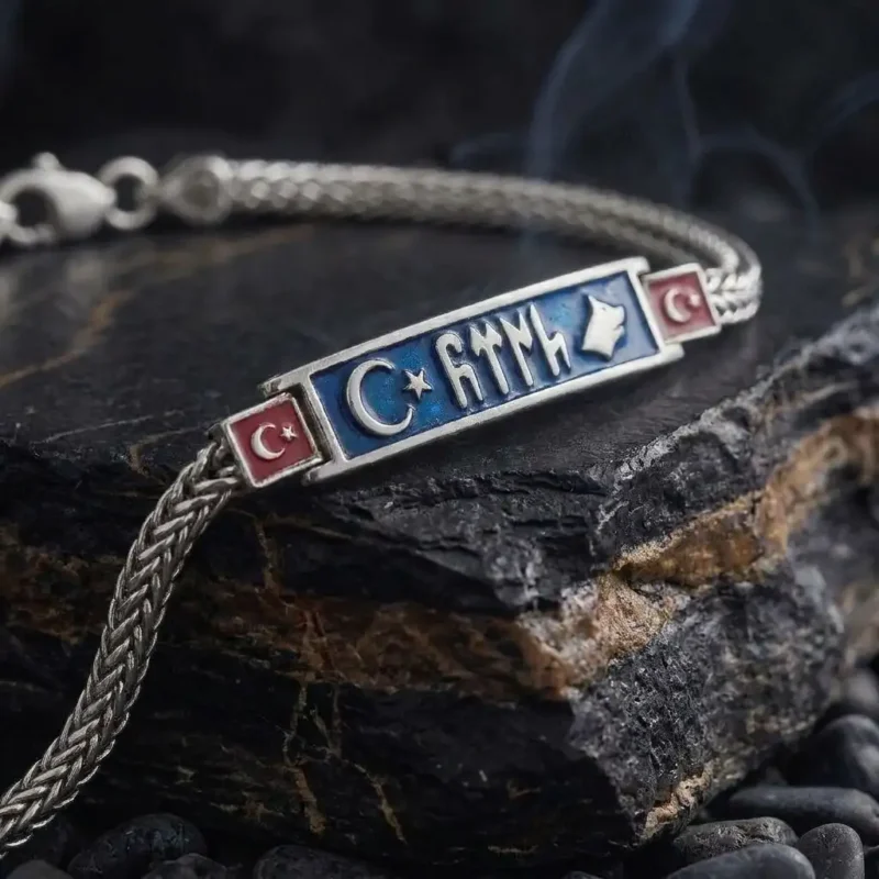 Göktürkçe Türk Yazılı Ay Yıldız Gümüş Bileklik