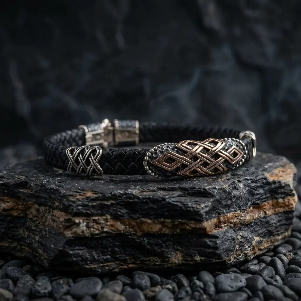 Infinity Knotted Woven Leather Silver Men's Bracelet