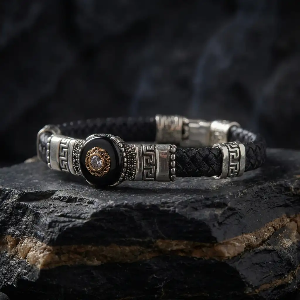 Rozet & Onyx Stone-set Woven Leather Silver Men's Bracelet