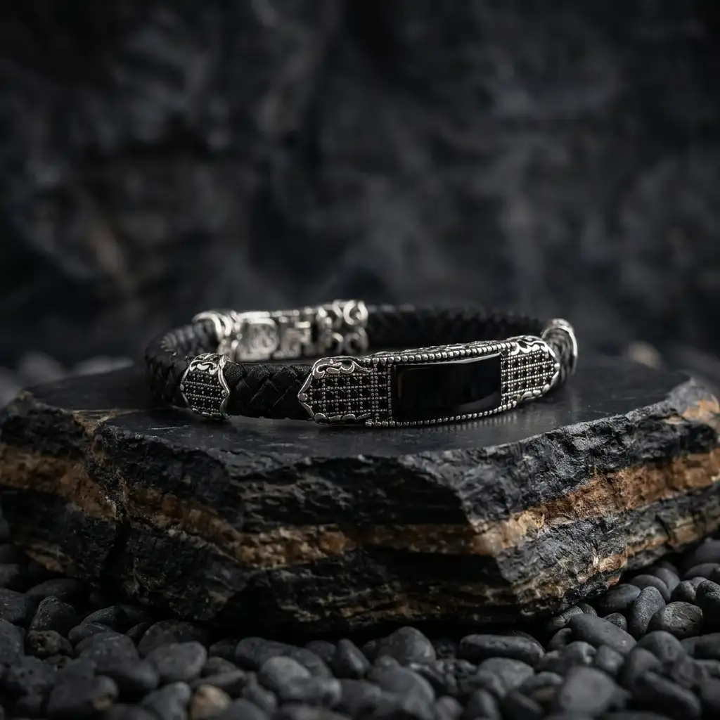 Onyx Stone-set & Mikro Stone Inlaid Woven Leather Silver Men's Bracelet