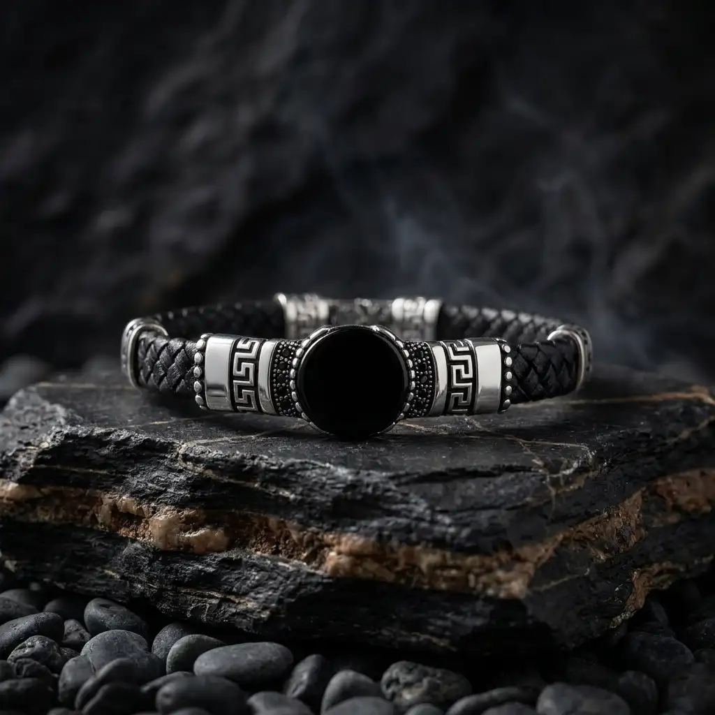 Onyx Stone-set & Meander Patterned Woven Leather Silver Men's Bracelet