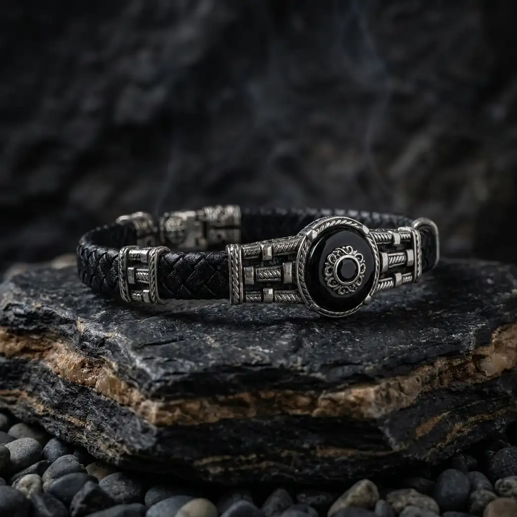 Rozet Motif Woven Leather Silver Men's Bracelet